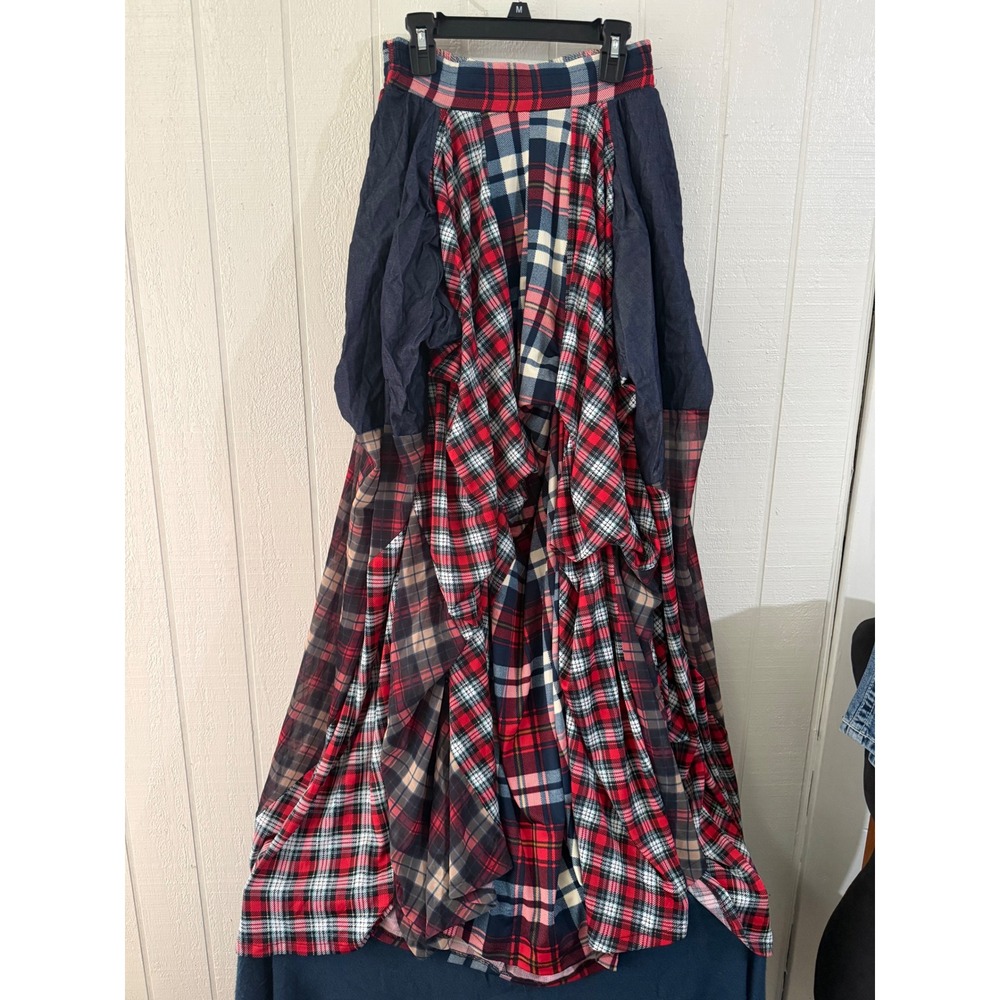 Kosmios Mixed Plaid Patchwork Maxi Skirt Red Navy Tartan Draped Boho Small